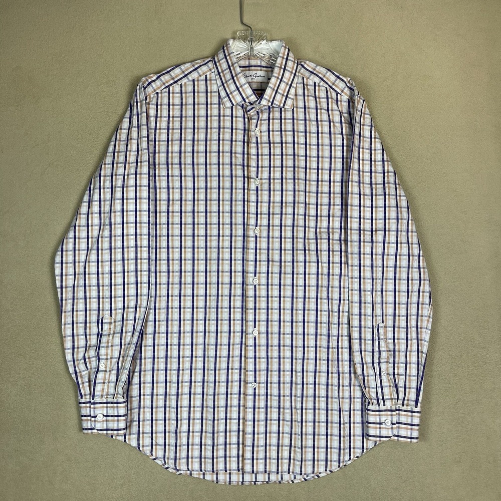 Robert Graham Shirt Mens 16.5 42 Purple Tan Plaid Cotton Long Sleeve Button Down